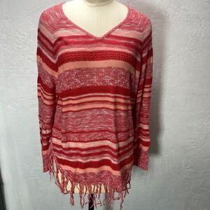 Two One Two New York‎ L Striped Womens Knit Fringe Sweater Coral Pink Red Boho